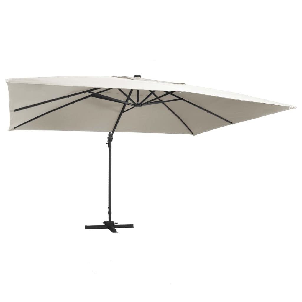 Homgoday Sombrilla voladiza Luces LED y Poste Aluminio Arena 4x3 m Sombrilla de Jardín,Protección UV Sombrilla Jardín Grande Orientable Jardín Parasol Balcón