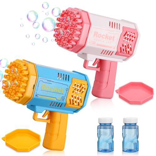 JIZZU Pomperos para crianças aniversário, 2 unidades 40 orifícios pistola bolhas com 2 garrafas de solução para bolhas de sabão para crianças, pistola de bolhas 5000 bolhas por minuto para crianças