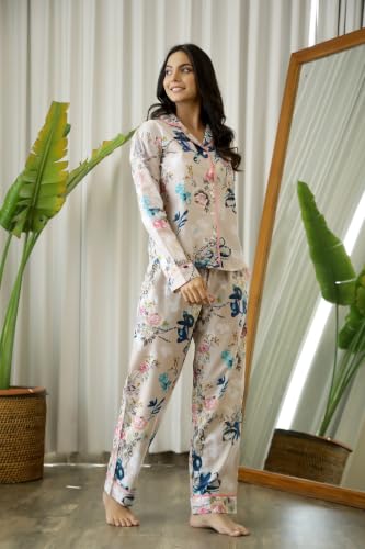 Image of SANSKRUTIHOMES Women's Premium 100% Cotton Printed Night Suit Set | Elegant Full Sleeve Collar Top & Pyjama | Soft & Breathable Premium Loungewear for Women