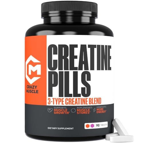 Crazy Muscle Creatine Pills 5g 3X Pure Creatine Monohydrate Pre Workout Muscle Mass Gainer High Absorption ThreeAtine Performance Men Women Tablets - 30 servings
