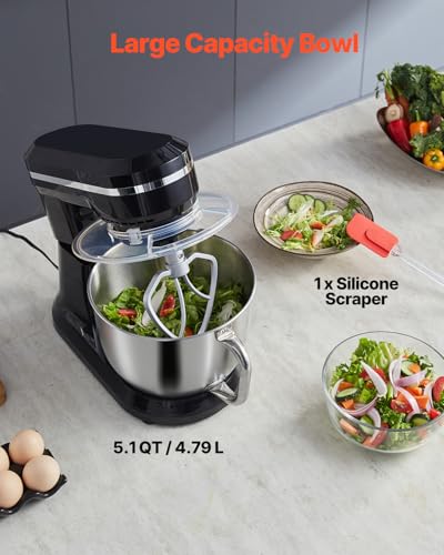 VEVOR Stand Mixer, 5QT Dough Mixer, 10+P Speeds Tilt-head Food Mixer, Kitchen Mixer with Stainless Steel Bowl, Dough Hook, Wire Whip, Beater, Scraper, Household Stand Mixer for Baking Mixing, Black - Image 4