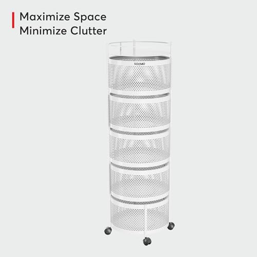 Image of Amazon Brand - Solimo 360 Revolving Preassembled Portable 5 Layer Round Multipurpose Storage Kitchen Rack Carbon Steel Fruit Vegetable & Spice Trolley with Wheels for Kitchen Organizer(Matte, White)