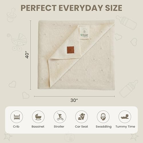 Image of Pointelle Double Layer 100% Tencel Baby Blanket - Breathable Temperature Regulating - Oeko-TEX Certified - 30x40 inch - Gift Box with Ribbon (Warm White)