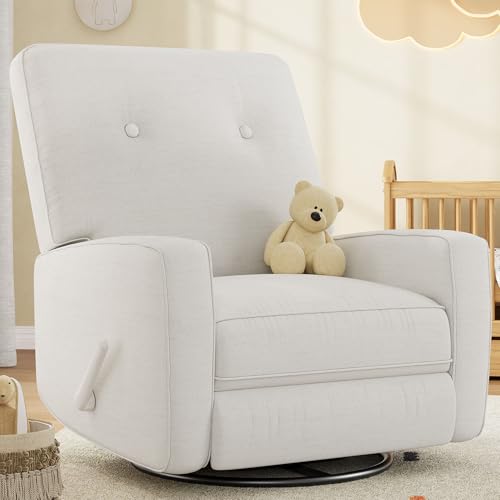 Image of GarveeHome Recliner Chairs, Swivel Rocker Recliner, Glider Recliner Nursery Chair, Recliner Chair for Adults, 360°Swivel Glider Rocking Chair for Living Room, Bedroom, Office, Linen, White