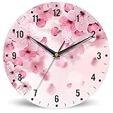 SPUNKER Wall Clocks,Cherry Blossom Wall Clocks for Living Room Decor,Pink Sakura Flower Kitchen Clocks Wall Battery Operated - 10 Inch Round Bathroom Wall Clock Silent Non-Ticking