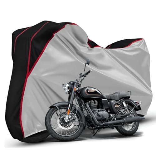 Image of Waterproof Bike Body Cover Compatible with RE Bullet Dustproof Scratchproof - Motorcycle Cover for Two Wheeler, Outdoor Full Cover with UV, Duty, Rain Protection (Silver Top Black) R1