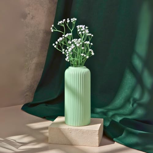 Image of KREATIVE ART'S Modern Ribbed Design Ceramic Flower Vase for Living Room, Flower Pots for Artificial Flower, Home Decoration Item, Home Decor, Vases for Living Room (Light Green, Large)