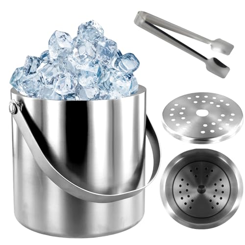 Abizarch Ice Bucket with Lid Strainer Tong,2Qt Double Walled Stainless Steel Insulated Ice Bucket Container,Good Sealing Ice Cube Bucket with Cover for Chilling Beer Cocktail Bar Parties