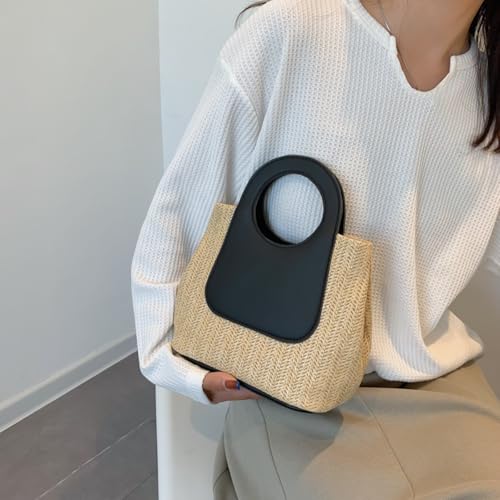 Bolso tote retro de paja para mujer, bolso de mano tejido con bloques de color, bolso grande con asas superiores y bandolera para primavera y verano miniatura 2