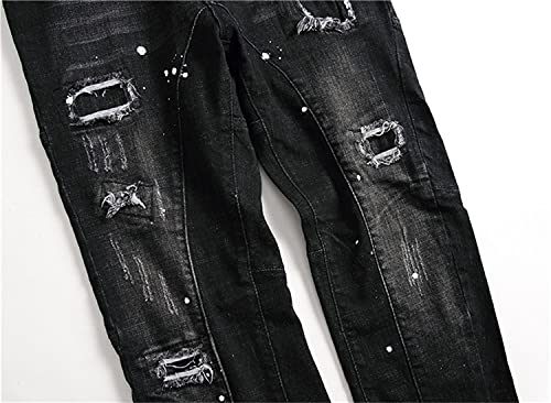 Men's Ripped Slim Fit Cozy Jeans Printed Pattern Biker Jean Trousers Fit Skinny Destroyed Distressed Tapered Leg Denim Pants (Black,34)4