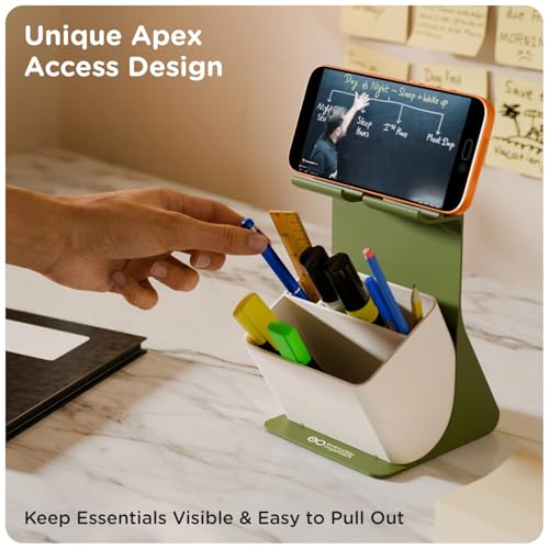 Image of eo Pen Stand for Study Table Stylish with Phone Holder Apex, Olive & Beige