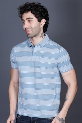 Image of GODFREY Striped Tshirt Shirts Men Cotton Polo T Shirt for Man with Pocket - Regular Fit Half Sleeve Collar T Shirts for Men