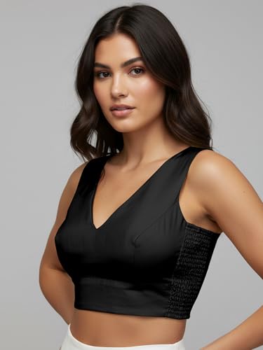 Image of Mehrang V-Neck Taffeta Padded Sleeveless, Back Hook Closure with Smocked Side Panel, String or tie, Readymade Saree Blouse for Women
