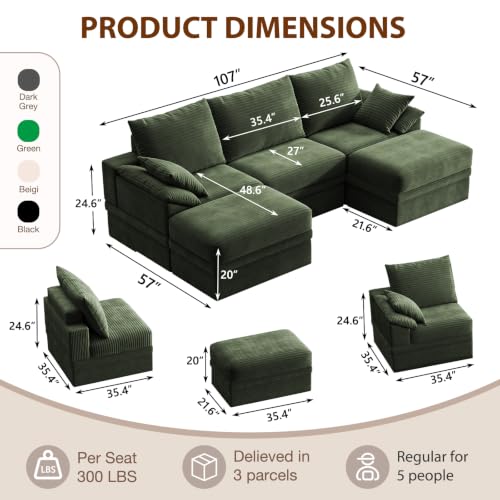 107" Modular Sectional Sofa Boneless Couch with Storage,U-Shape 3 Seat Comfy Modern Cloud Couch Sofa with Ottoman, 27" Deep Seat Corduroy Sofa for Living Room, Tool-Free Assembly - Green - image 2