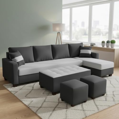 Image of CASASTYLE Adonway 8 Seater Fabric RHS L Shape Sofa Set (Light Grey-Dark Grey) Premium Velvet Finish | Ideal for Living Rooms
