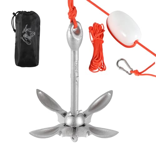 Jiubiaz 1.5kg verzinkter Anker, Kajakanker, Faltanker, Ankerset, inkl. 20m Ankerleine/12cm PP-Schwimmer/Federhaken/Aufbewahrungstasche für Boot SUP-Paddel, Silber