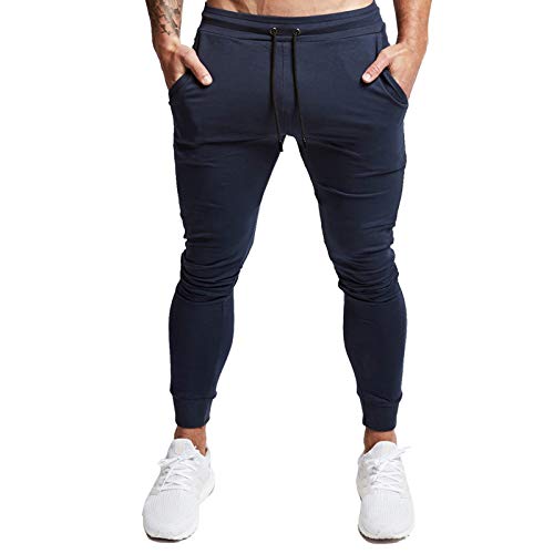 Calça de corrida masculina BUXKR de algodão slim fit com bolsos grandes para corrida e treino, Azul