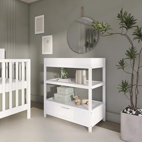 Image of Dream On Me Ivy Baby Changing Table - Compact Modern Changing Station with Spacious Drawer & 2 Open Shelves, New Zealand Pinewood, Easy-to-Clean Non-Toxic Finish, Space-Saving Nursery Storage - White