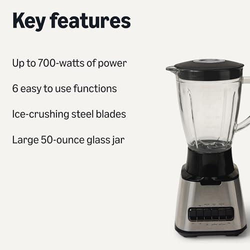 Amazon Basics 6-Cup (50 Fl. Oz) Countertop Blender, with 6 Pre-Programmed Functions, Pulse, Ice Crush, Stainless Steel Blades, Glass Jar, Up to 700W, Black & Silver - Image 3