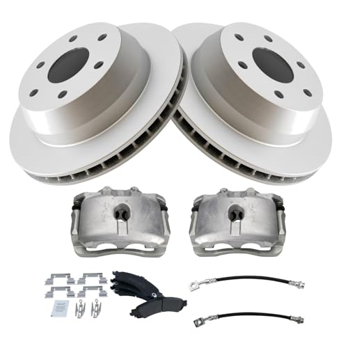 Image of TRQ Rear Brake Pad and Rotor Set Semi Metallic Coated Rotors Calipers Compatible with 2005-2006 Cadillac Escalade 2002 GMC Yukon