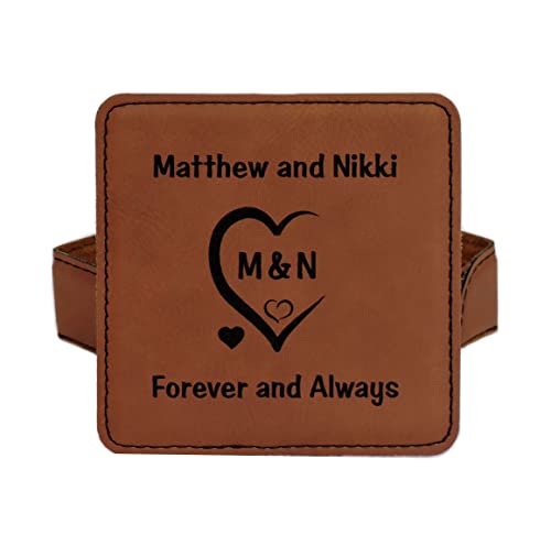 Leather Coasters Personalized with Initials Carved in Heart and Wedding Date