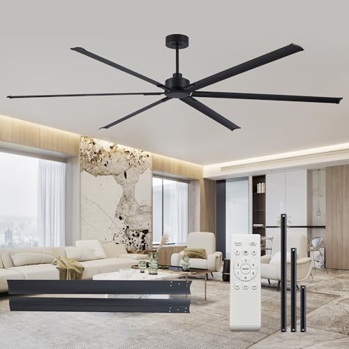 FUMLTP 120 inch Industrial Large Ceiling Fans No Lights with Remote Control Black Modern Ceiling Fan for Garage Living Room Patio 6 Speed Reversible Quiet DC Motor Timer 6 Blades.