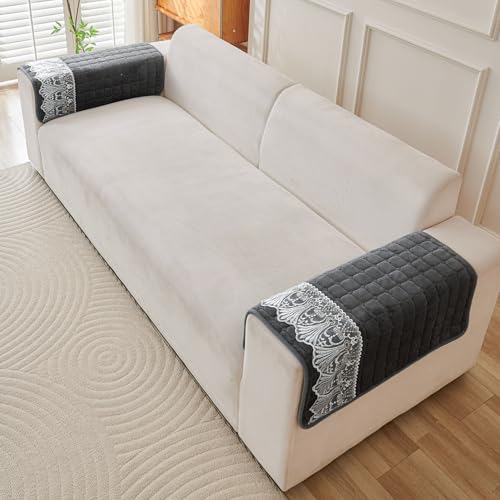 Image of HOKIPO 'BelleLace Series' Imperial Milk Velvet Anti-Slip Sofa Armrest Covers with Lace | 1 Pair - Porpoise Grey (AR-5961-DGRY*2)