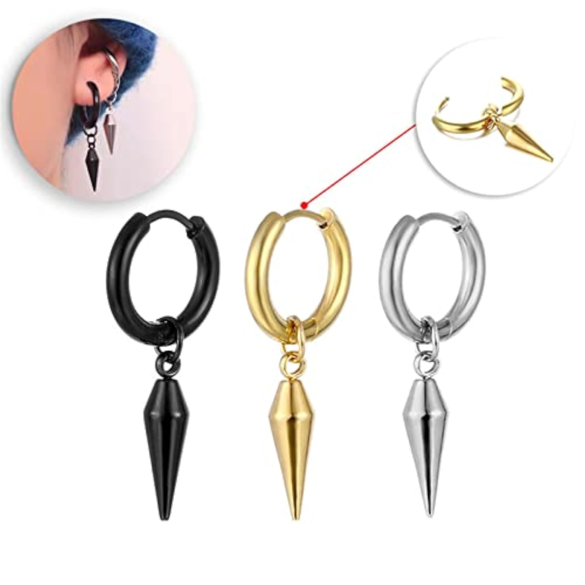 Rock Punk Cone Tip Rivet Stud Pendant Earrings, Unisex