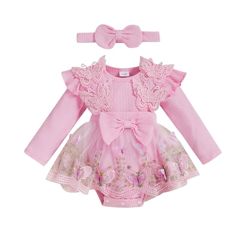 Newborn Girl Outfit Long Sleeve Flower Butterfly Embroidery Knit Romper Dress Bowknot Headband Infant Baby Clothes