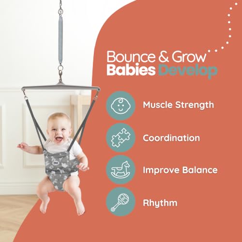 Image of Jolly Jumper Elite Baby Exerciser - Grey Safari | Sturdy Frame, 6 ft Tall Stand Baby Jumper, Indoor /Outdoor Exercise Saddle Seat, Adjustable Height, for Infants up to 28lbs