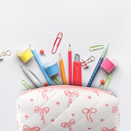 Image of Sherr Coquette Bow Pencil Case Pink Bow Cute Pencil Pouch Soft Cotton Storage Bag Aesthetic Pattern Gift Makeup Pouch Cosmetic Bag for Women Adults