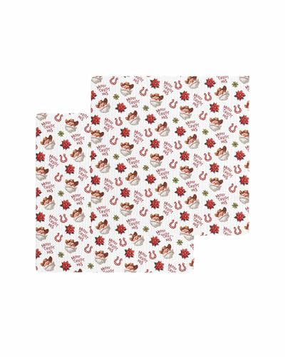Hokiten Christmas Santa Waffle Kitchen Towels Dishcloths, Western Xmas Botanical Poinsettia Absorbent Dish Towels | Hand Towels for Bathroom/Bar, 12 x 12 Inch, 2 Pcs