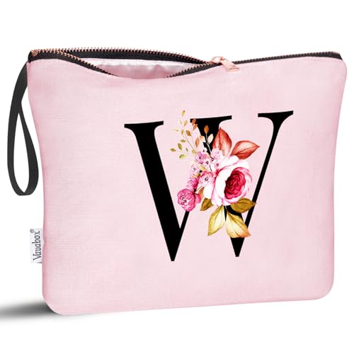 Image of Vavabox A-Z Personalized Makeup Bag, Birthday Gifts for Women Mom, Gifts for Best Friend, Bride Bridesmaid Cosmetic bag (W, 06-Pink)