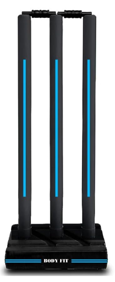 Bodyfit Cricket Stumps | Plastic Wickets Set with 3 Stumps + 2 Bails + 1 Stand | Full Size Wickets for Cricket Ground, Tournament Wicket, Floro Black-Blue.-image-37