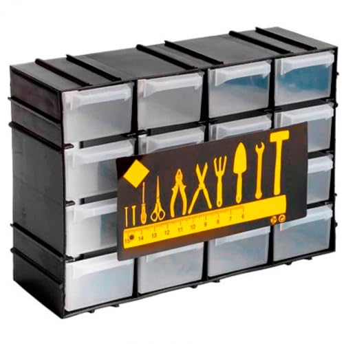 Tradineur - Clasificador apilable de plástico, 16 cajones, módulo, estante organizador para piezas pequeñas, tornillos, botones, 15 x 21,5 x 7,8 cm, color aleatorio
