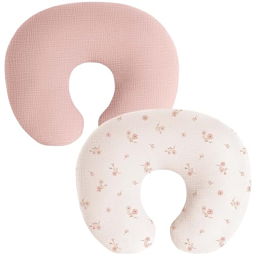 Image of Coreeky Muslin Nursing Pillow Covers, 2 Pack, Soft & Adorable Slipcovers with Zipper Closure, 100% Cotton Covers for Breastfeeding Pillows (Pink, Flower)