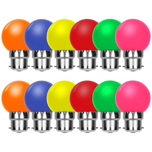 AUAUY 12 PCS Bombillas LED de Colores, 1 W G45 Multicolor Bombillas, Rojo Naranja Amarillo Verde Azul Rosa, Ideales para Bodas, Dormitorios, Bares, Fiestas Navideñas Decoración - B22 Base