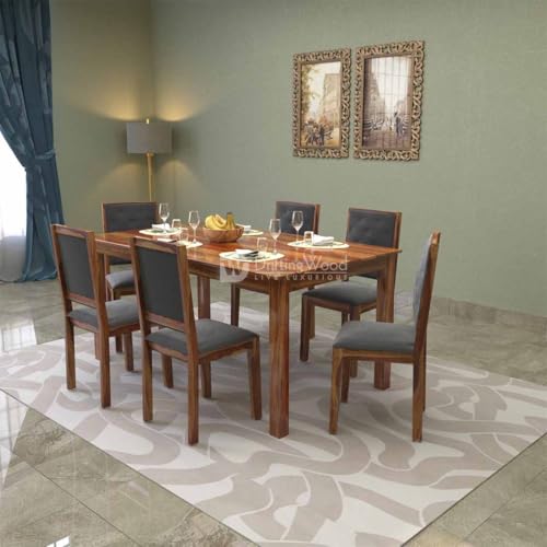 Image of DRIFTINGWOOD Izabel Dining Table 6 Seater | Six Seater Dinning Table with 6 Chairs for Home with Grey Cushions | Rosewood, Honey Finish, Self Assembly(DIY)