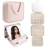 GLINT & GLIDE Travel Makeup Bag with Mirror-Hanging Toiletry Large Capacity, Organizer Toiletries Bag, Portable Cosmetic Case for Women and Girls, Pink