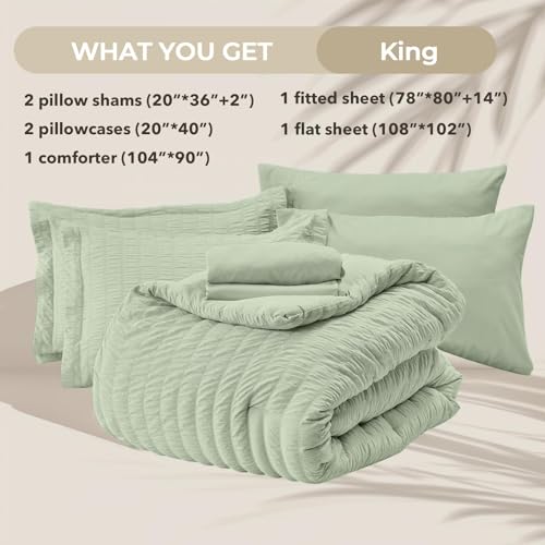 Image of HYMOKEGE Light Green King Size Comforter Set Seersucker 7 Pieces, All Season Luxury Bed in a Bag for Bedroom, Bedding Set with Comforters, Sheets, Pillowcases & Shams