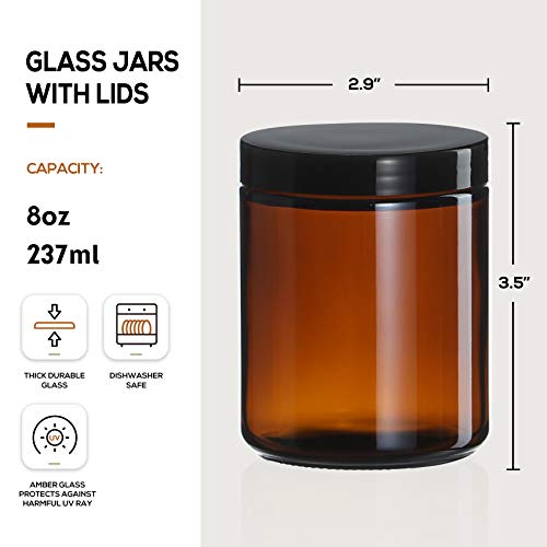 12 Pack, 8 OZ Thick Amber Round Glass Jars with 12 Metal Lids & 12 ...