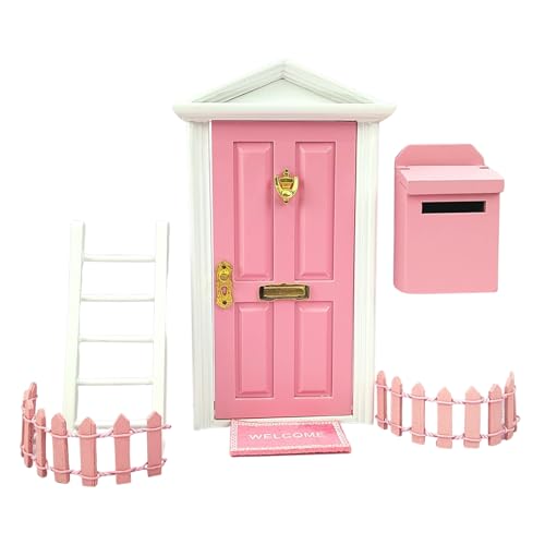 Ensemble de porte de fée miniature – Décoration en bois miniature, petite porte murale, comprend des échelles, des clôtures, des boîtes aux lettres, des tapis de pieds | Accessoires de fée enchanteurs