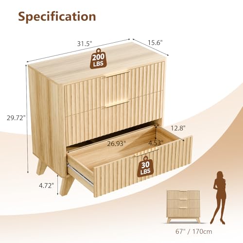 Image of VINGLI Fluted Wood Nightstand 3 Drawer, 31.5 inch W Mid Century Modern Nightstand Tall, Fluted Bedside Table, End Table, Night Stand for Bedroom, Oak, 31.5 inch W*15.96 inch D*29.72 inch H