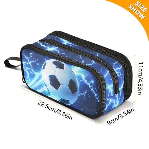 Image of ALAZA Soccer Large Pencil Case, Blue Lightning Pen Pouch Pencil Bag with 3 Compartments Pen Holder Organizer Stationery Bag