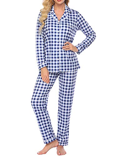 Ekouaer Women's Plaid Nightwear Classic Button Down Pajamas Long Sleeve Sleepwear Loungewear Set (Plaid Blue,XS)