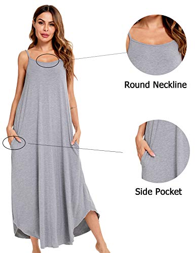 Image of SWOMOG Women Long Nightgown Pajama Dress Soft Strap Nightdress Summer Sleeveless Nightshirt Lounge Dress with Pockets Grey Large