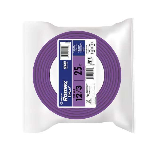 Southwire Romex SIMpull Residential Wire, 12 Gauge, 3 Conductor, 25 Ft, W/G NM-B Cable, Purple, 63947821