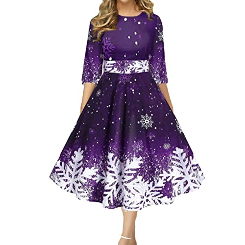SHINROAD Damen Weihnachtskleid O-Ausschnitt 3/4 Ärmel Taille Enge Hohe Taille Xmas Schneeflocke Großer Saum A-Linie Midikleid Lila 2XL Cover