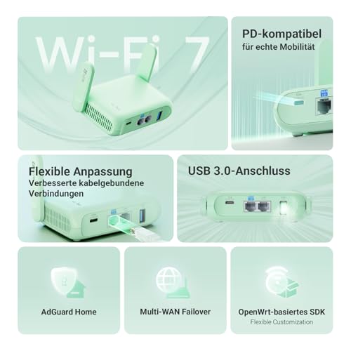 GL.iNet GL-MT3600BE (Beryl 7) Portabler Reise Router, Pocket Wi-Fi 7 2.5G VPN Router für Auto, Reise, Business