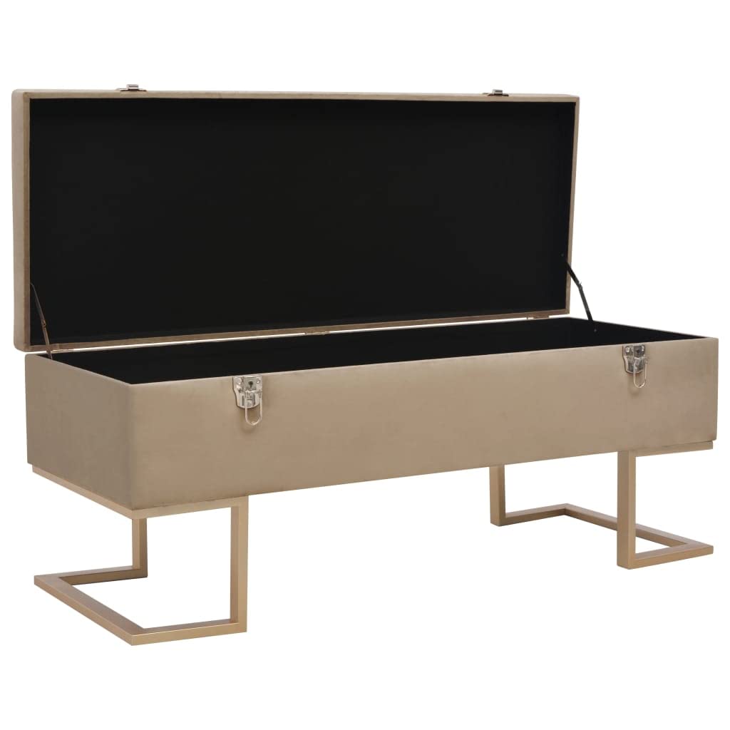 Banc rembourré avec espace de rangement en velours beige et pieds dorés chics
